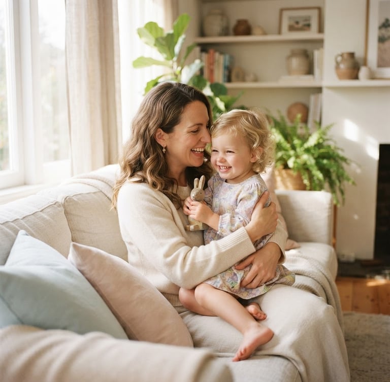 Warm editorial portrait of a mother holding her toddler in a sunlit living room, soft natural daylight, gentle pastel tones, shallow depth of field, 35mm