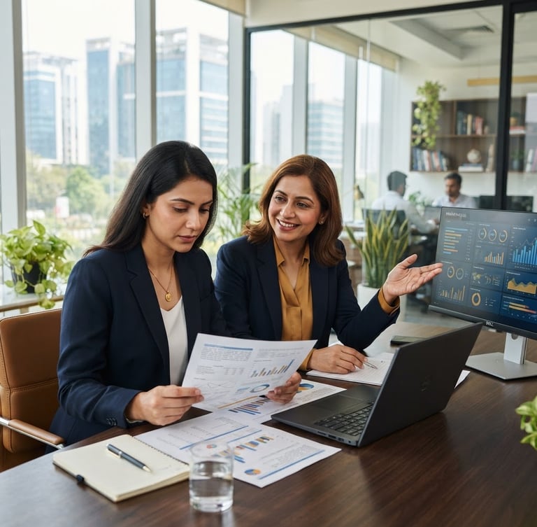 Professional portrait of two financial advisors in a bright, modern Gurugram office, one looking at documents, the other gesturing towards a screen, natural office daylight, crisp navy and warm gold tones, shallow depth of field, 35mm.