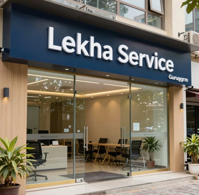 Portrait-oriented photograph of the modern, well-lit entrance area of Lekha Service's Gurugram office, featuring subtle branding and a professional, welcoming atmosphere, natural daylight.