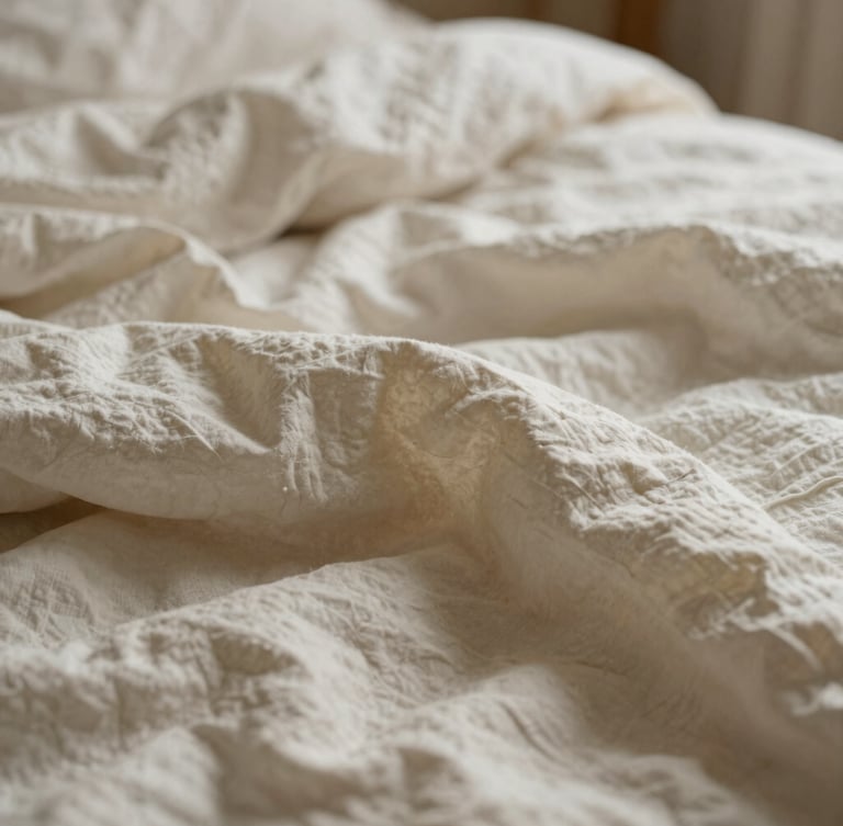 Macro close-up of unmade bed with rumpled linen sheets in warm morning light, soft shadows, 35mm