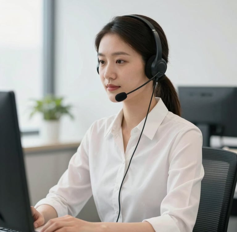 A professional female interpreter with a headset working in a bright, modern corporate office setup, neutral background, clean corporate photography.