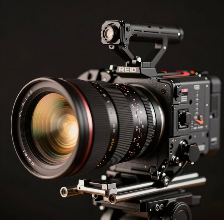 Extreme close-up of a high-end RED cinema camera rig with anamorphic lens, gold backlighting, low-key lighting, shallow depth of field