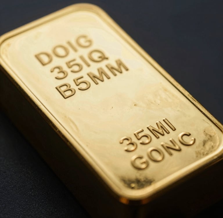 Macro detail of a solid gold bullion bar with stamped serial numbers and refinery seal, dramatic side-lighting with deep shadows and rich metallic gold highlights, sharp architectural focus, 35mm