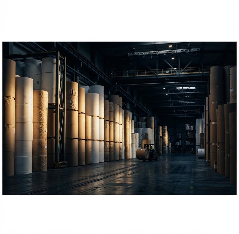Wide panoramic shot of industrial paper rolls stacked in a vast, modern, low-lit warehouse, dramatic side-lighting, deep shadows, 35mm, deep navy and gold tones, sharp architectural focus.