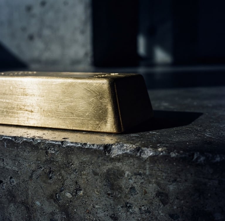 Macro detail of polished concrete and brushed gold ingot, dramatic side-lighting, deep shadows, 35mm, sharp architectural focus.