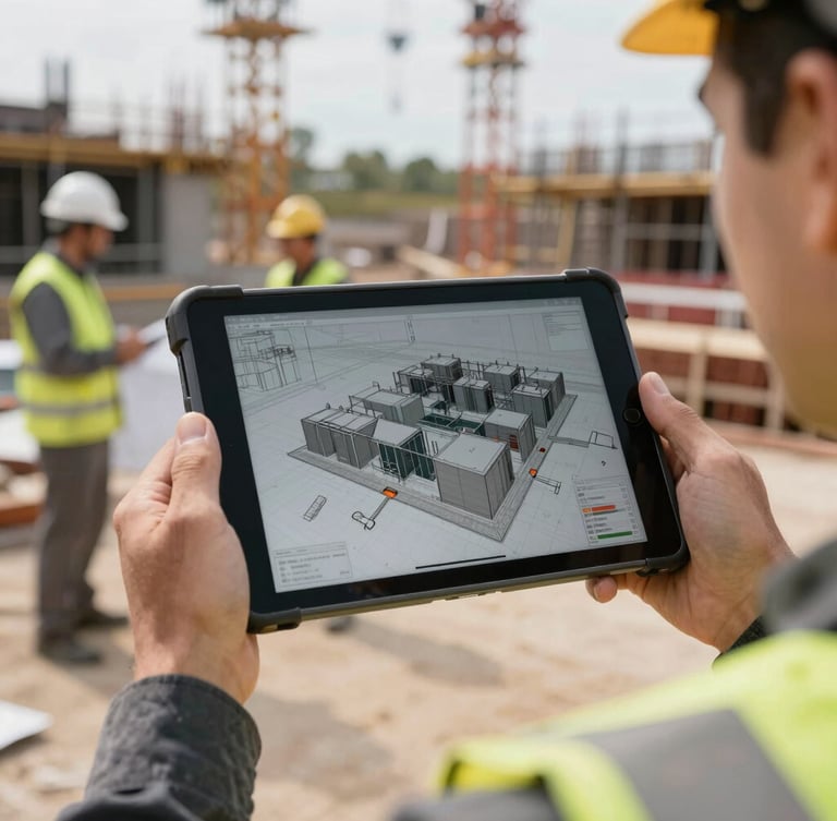 Close-up of hands holding a rugged tablet displaying a complex 3D BIM model on an active construction site, engineers in high-visibility gear in the soft-focus background.