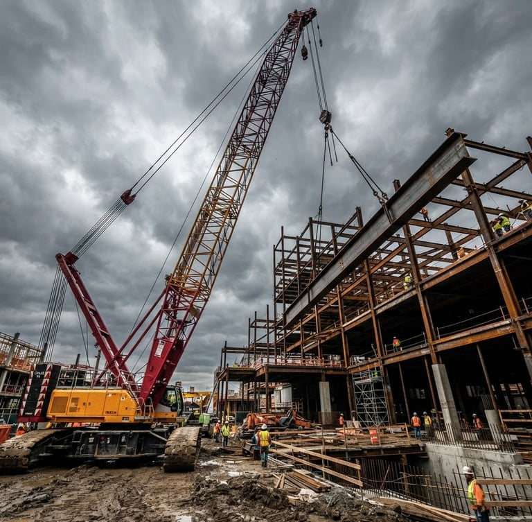 Low-angle dynamic shot of a massive crawler crane lifting a steel structural beam on an industrial construction site, dramatic overcast sky, high-contrast steel and earth tones, 35mm.