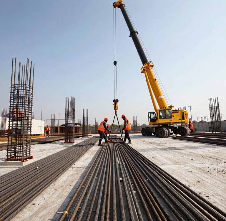 Low-angle dynamic shot of steel reinforcement bars being positioned by a crane on a concrete foundation, workers in high-visibility orange vests, crisp daylight, industrial editorial style.