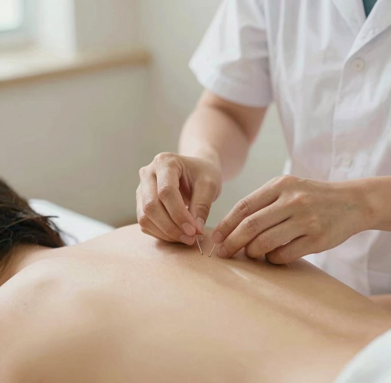 A vertical portrait shot of a licensed practitioner's hands carefully placing sterile acupuncture needles on a patient's back, warm sand tones, soft focus background, clean clinical setting, 35mm.