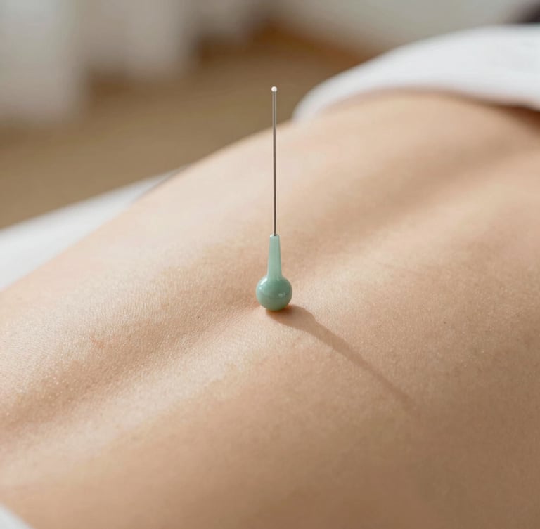 Close-up of sterile acupuncture needles placed precisely on a patient's back, warm sand background, soft natural daylight, shallow depth of field, 35mm clinical photography