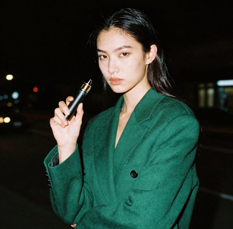 High-fashion lifestyle portrait of a confident model holding a sleek vape pen, low-key nocturnal lighting, dark tones, cinematic 35mm film.