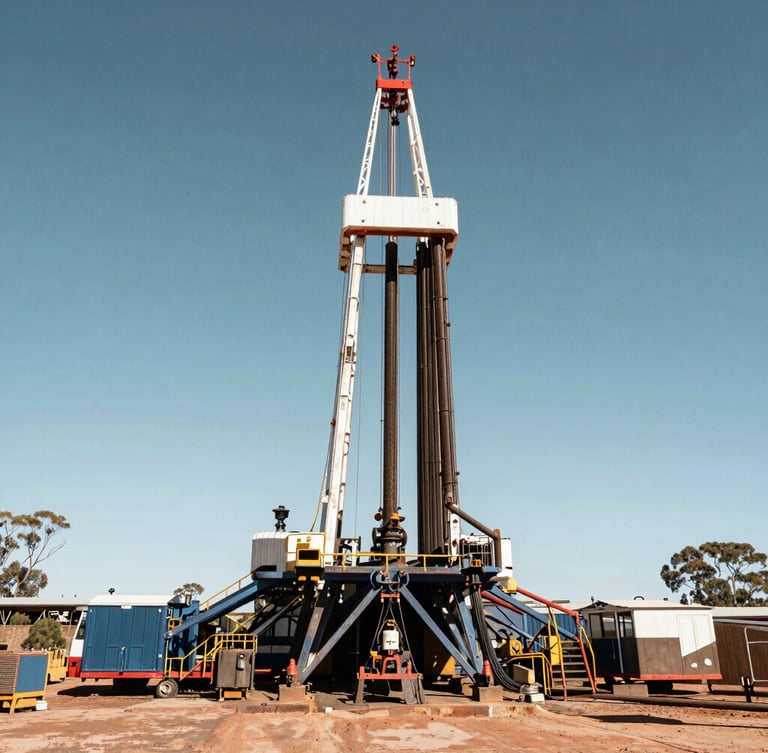 Gritty industrial photography of a heavy drilling rig mast against harsh natural Australian daylight, high-contrast steel and earth tones, wide-angle lens