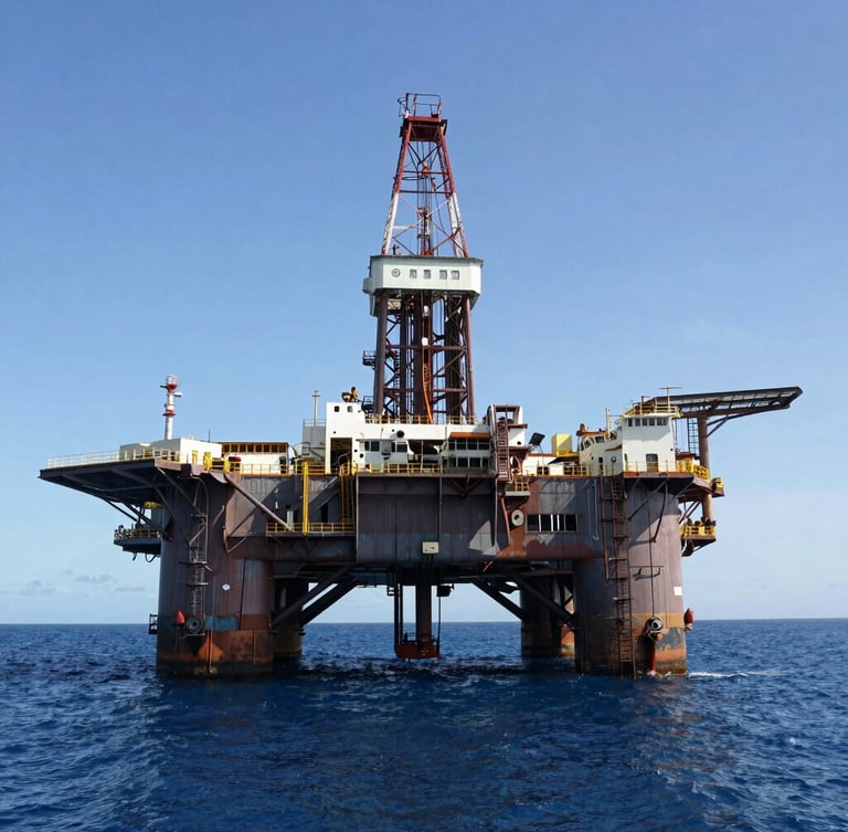 Wide-angle gritty industrial photography of an offshore drilling rig in Western Australia under harsh natural daylight, high-contrast steel structures, deep blue water.