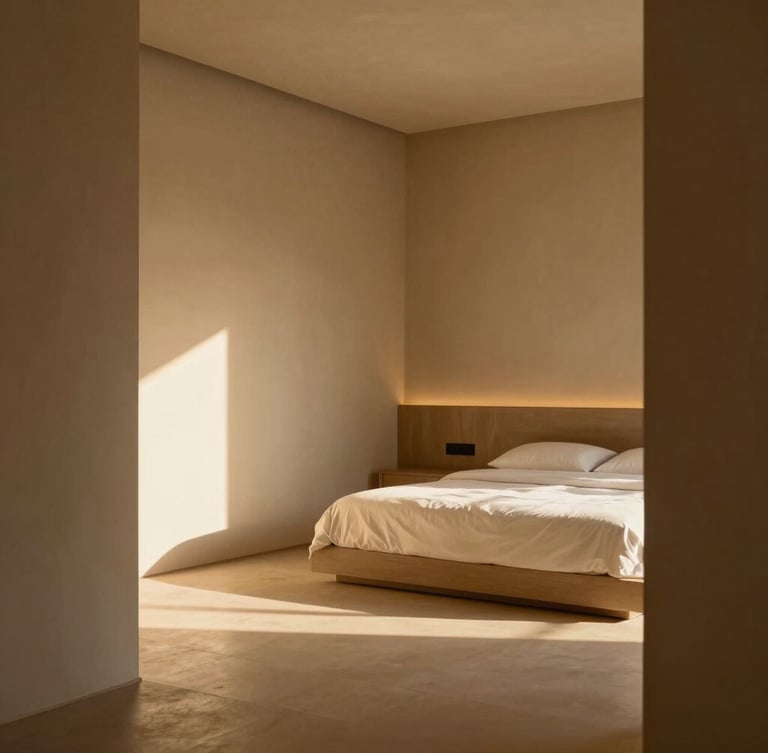 Minimalist interior of an empty, sunlit luxury guest room, warm sand-toned walls, premium linens on a low bed, soft morning light casting long shadows, architectural focus, 35mm lens, shallow depth of field.