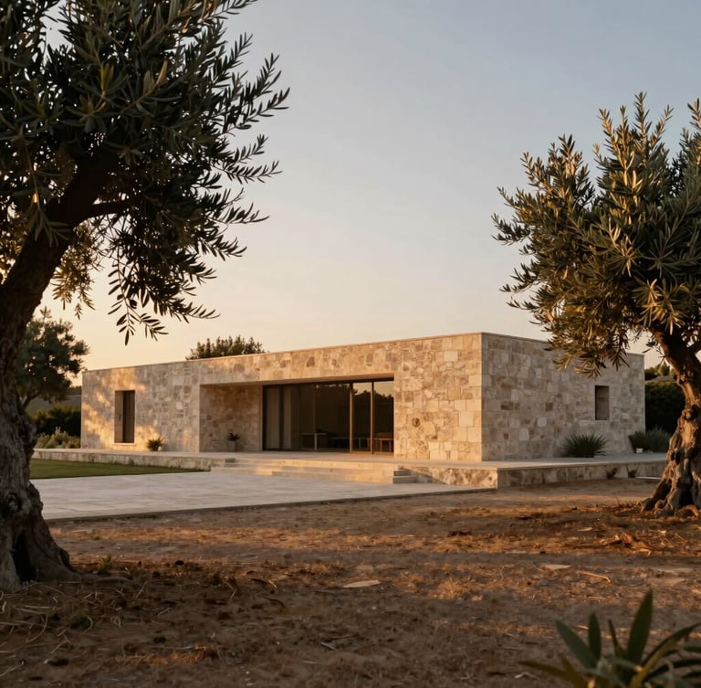 Wide architectural exterior of a minimalist stone villa at golden hour, surrounded by ancient olive trees, warm side lighting, 35mm lens.