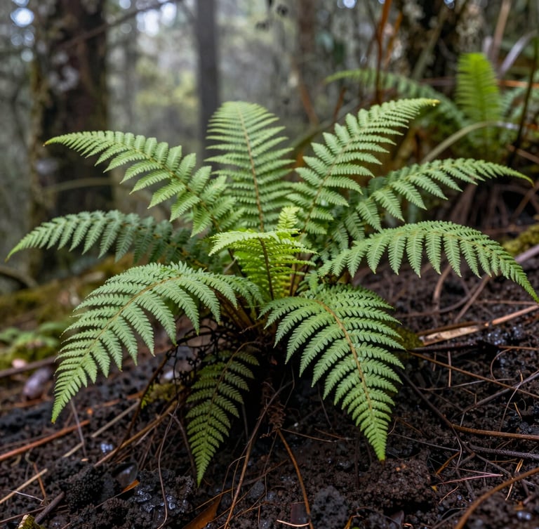 Close-up of wet volcanic soil and vibrant green ferns in the highlands of La Pintada, soft morning light filtering through forest canopy