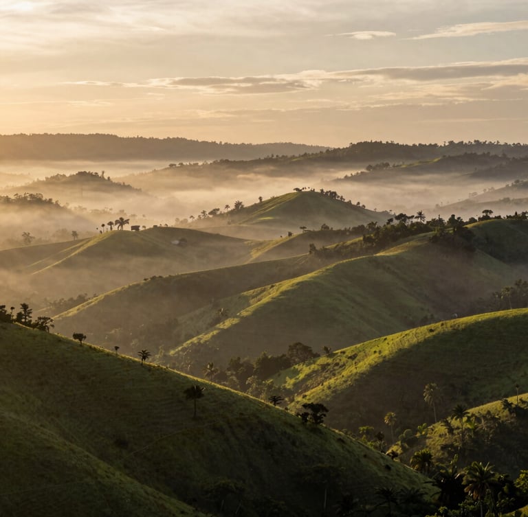 Vista aérea de colinas verdes en La Pintada de Coclé durante el amanecer con neblina suave flotando entre los valles, luz dorada tenue, composición asimétrica.