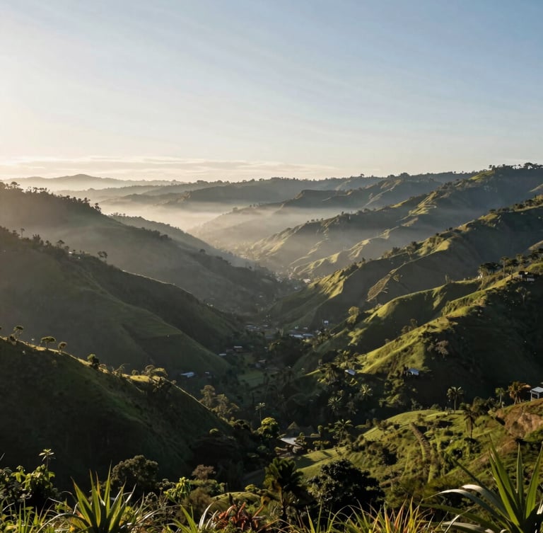 Wide panoramic view of Coclé highlands at sunrise, mist rising from deep green valley, soft morning light, negative space on the left.