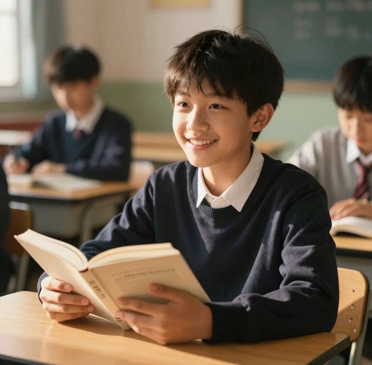 Warm editorial photography of a young student smiling in a sunlit classroom, holding a book, natural golden-hour light, rich inviting color tones, 35mm