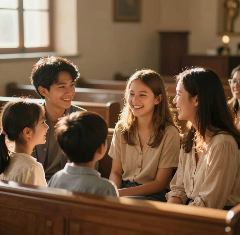 Warm editorial photography of a laughing family talking in a sunlit church lobby, natural golden-hour light, shallow depth of field, 35mm