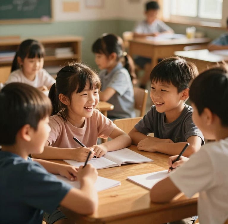 Warm editorial photography of children laughing and learning together around a wooden school table, natural golden-hour light, shallow depth of field, 35mm