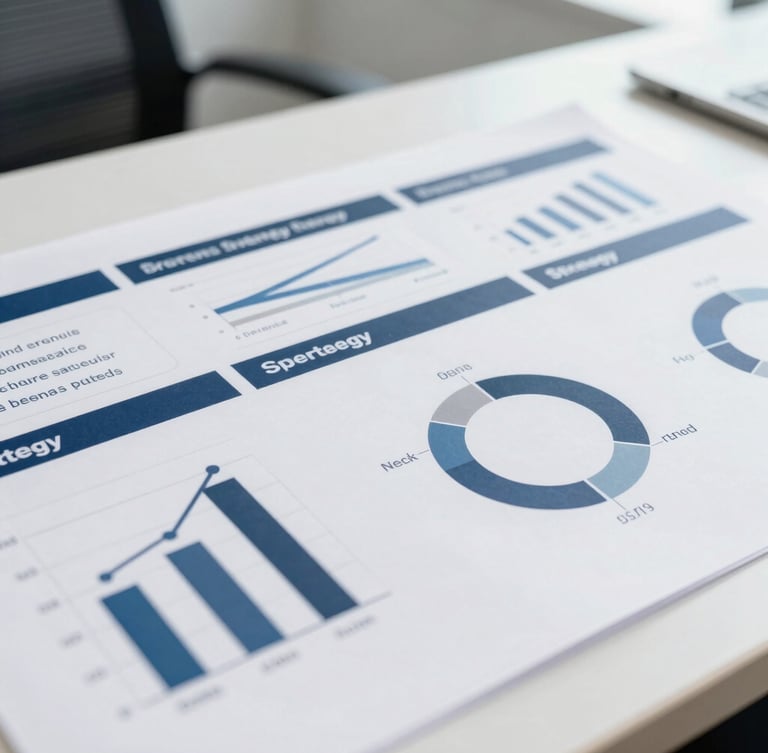 Close-up of a corporate strategy board with structured diagrams and charts, clean daylight, shallow depth of field.