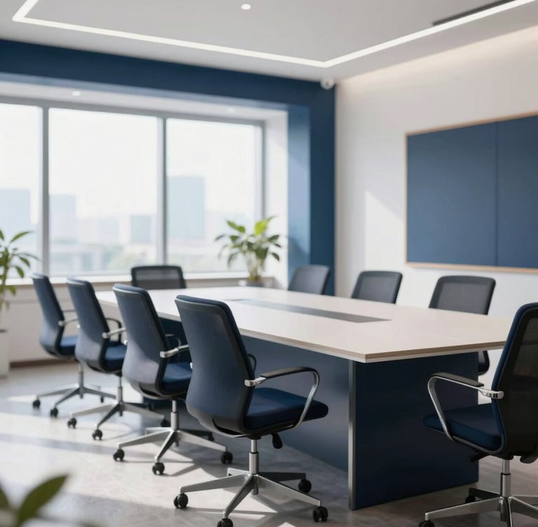 A bright, modern corporate workspace in New Delhi, clean daylight, professional strategy board in background, shallow depth of field, corporate navy accents.