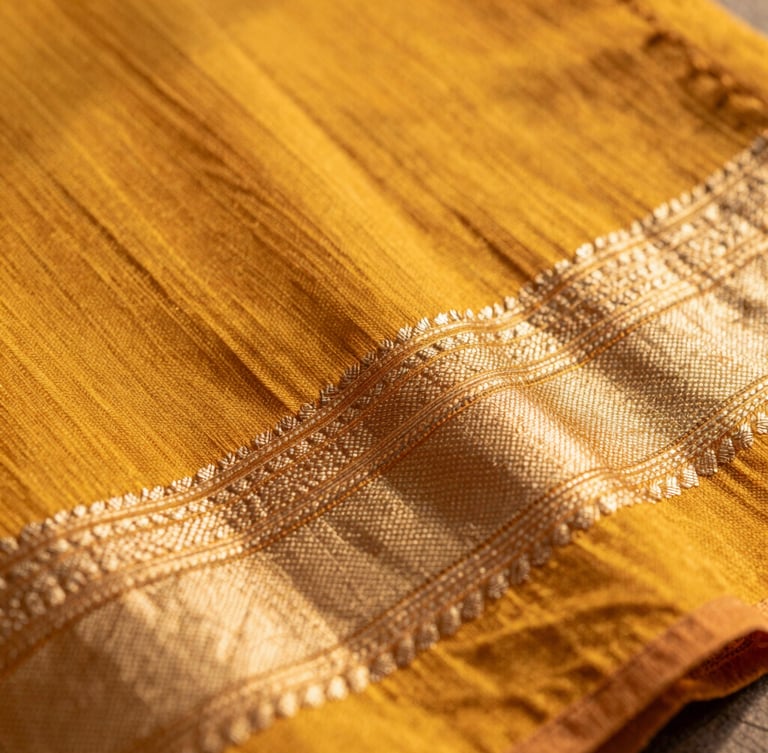 Macro detail shot of a warm turmeric hand-spun cotton saree border, soft golden-hour sunlight highlighting the raw textile texture, shallow depth of field.