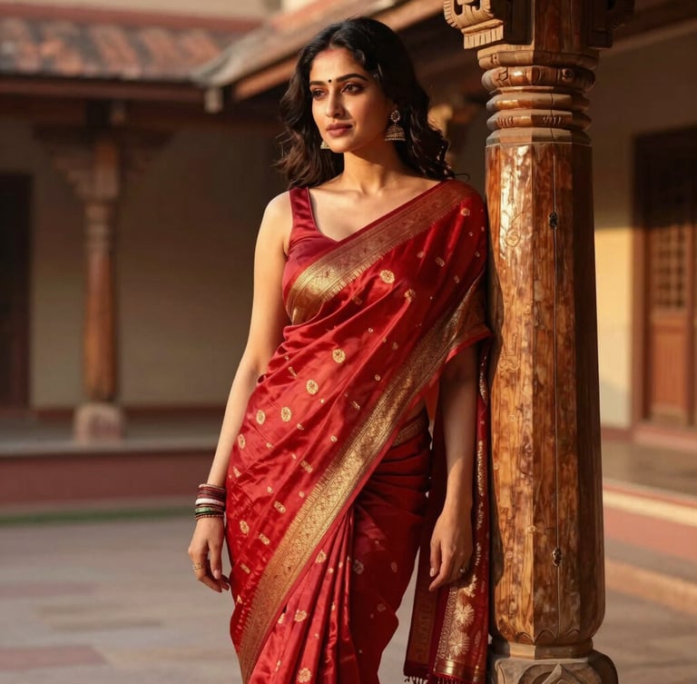 Warm editorial portrait of a woman elegantly draped in a crimson handloom silk saree, leaning against a sunlit traditional carved wooden pillar in an open courtyard, golden-hour natural light, rich saturated jewel tones.