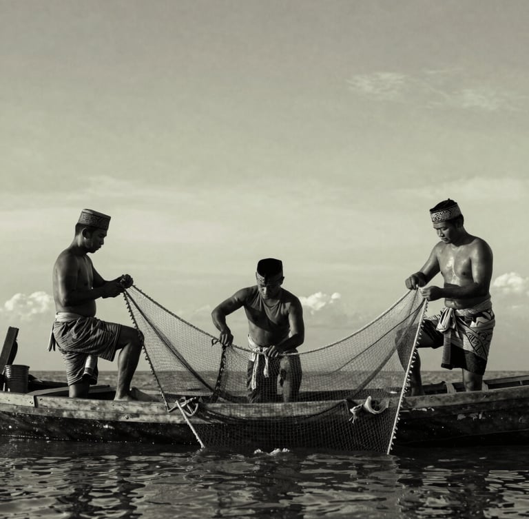 Historical archival style black and white photograph of traditional Acehnese sailors and fishermen working with nets on a wooden vessel, dramatic natural light, rich textures, respectful framing.