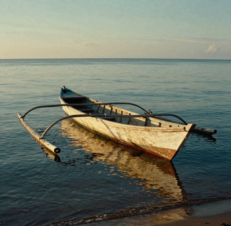 Traditional wooden fishing boat resting on the calm shoreline of Kuala Batee, soft golden light reflecting on the water, 35mm.