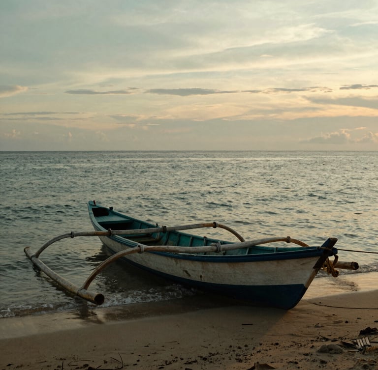 Atmospheric coastal photography of a traditional wooden fishing boat resting on the sandy shores of Kuala Batee, Aceh, during a golden-hour sunset, soft warm light reflecting off the water, 35mm.