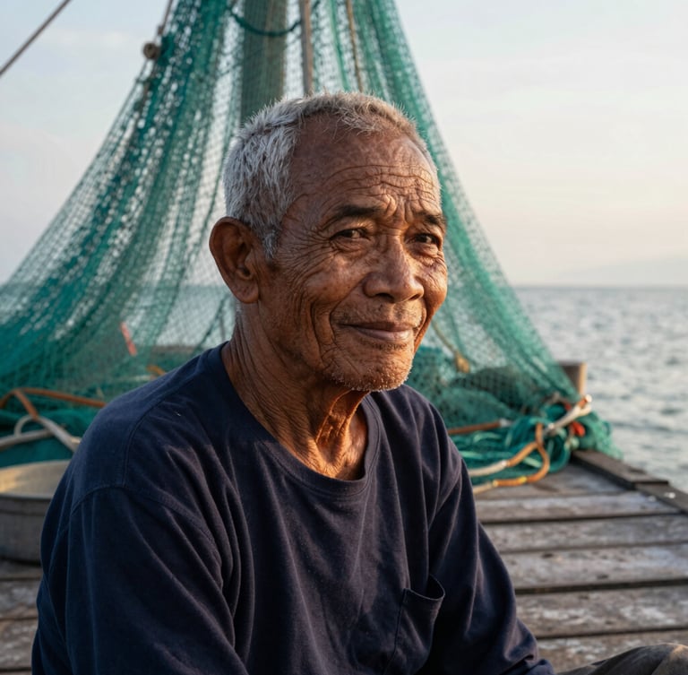 Close-up of an elderly Acehnese fisherman with deep weathered wrinkles, smiling gently on a wooden dock, soft coastal morning light, rich textures of fishing nets in the background.
