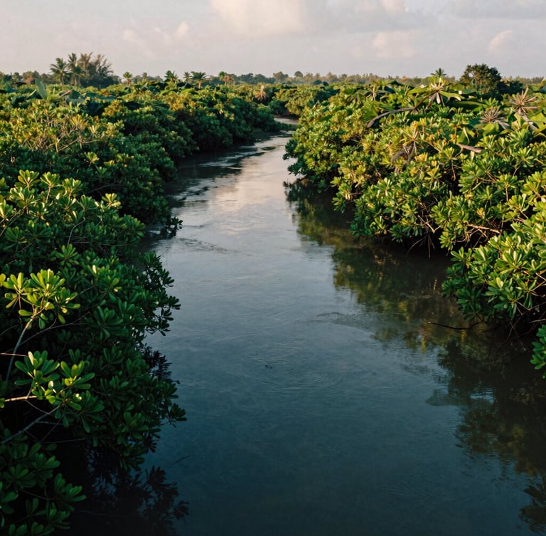 A quiet river estuary in Southwest Aceh, lush green mangroves lining the banks under soft morning light, 35mm.