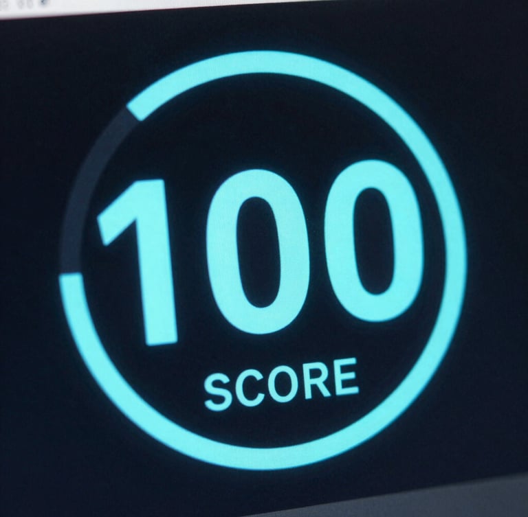 Macro crop of a PageSpeed performance dashboard showing a 100 score in electric cyan, high-contrast cool-toned screen-glow