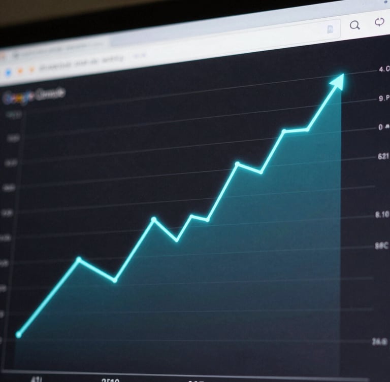 Stylized Google Search Console performance graph showing a steep upward trajectory, clean dark slate UI, electric cyan glowing line chart, high-contrast technical interface.
