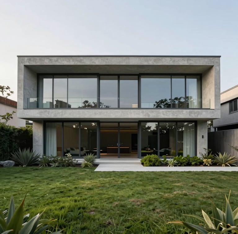 Straight-on architectural perspective of a modern concrete and glass villa facade, integrated with manicured green landscaping, soft morning daylight, clean lines.