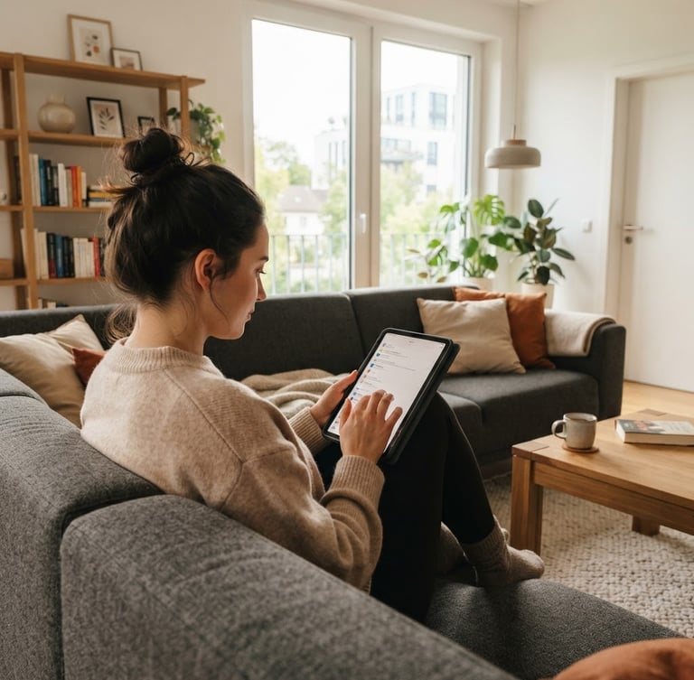 Modernes, warm beleuchtetes deutsches Wohnzimmer mit einer Person, die entspannt auf einem Sofa sitzt und ein Tablet benutzt, Over-the-shoulder-Aufnahme, natürliches Tageslicht, subtile Details von Gemütlichkeit.