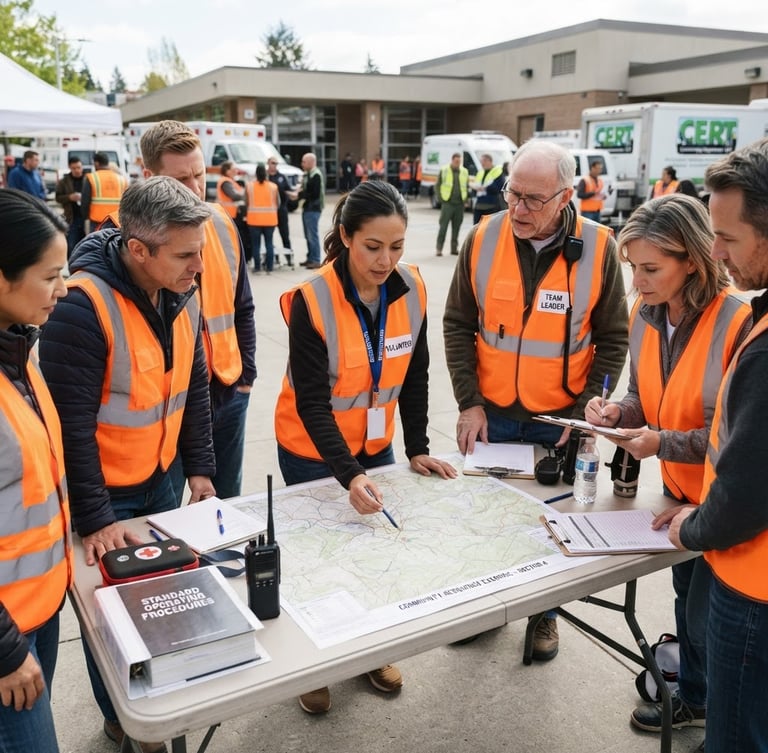 A clean documentary photograph in bright natural daylight of active community volunteers in high-visibility safety orange vests collaborating around a map during an emergency response training exercise. Clear, non-alarmist focus on teamwork, with structured emergency equipment and standard operating procedure manuals visible on the table.