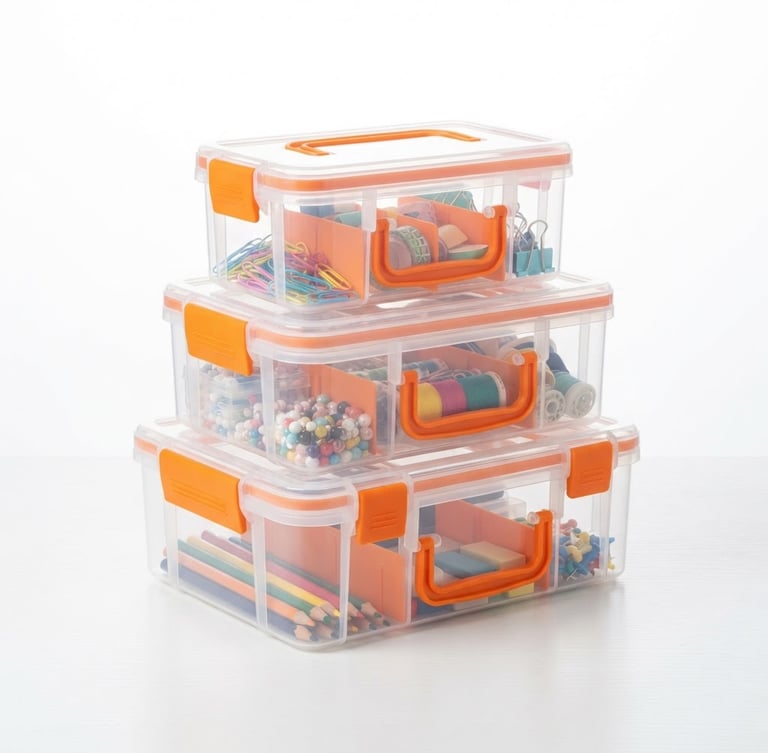 Bright high-key product photography of transparent plastic organizing boxes stacked neatly on a white desk, vibrant orange accents, clean studio lighting, crisp details, commercial retail style, 35mm