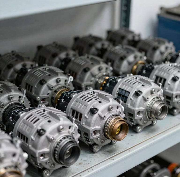 Close-up of neatly arranged car alternators and starter motors on industrial steel shelves, realistic workshop lighting, 35mm lens