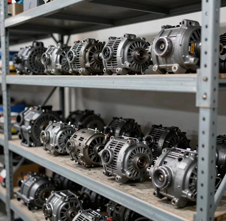 Organized metal shelves in an industrial warehouse holding clean, inspected car alternators and engine parts, sharp focus on mechanical details, natural daylight