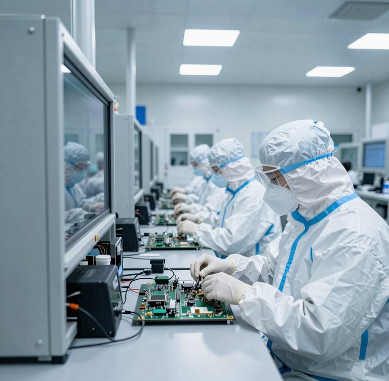Wide environmental shot of a modern clean room facility with technical professionals in protective gear working on high-precision electronics, cool overcast daylight
