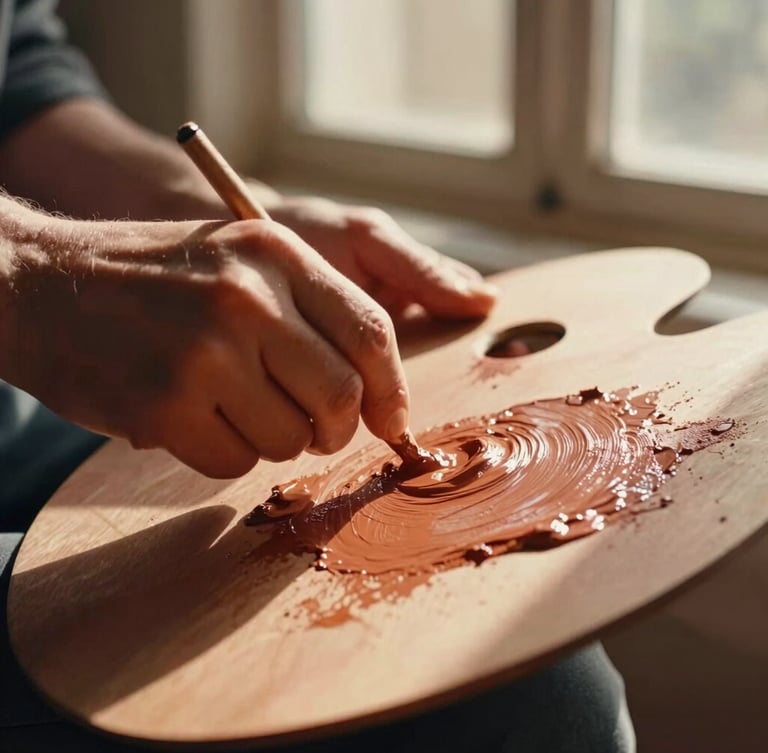 Candid medium shot of hands mixing warm terracotta oil paint on a wooden palette, golden-hour sunlight streaming through a window, shallow depth of field, 35mm film.