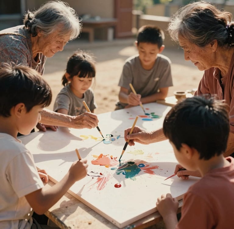 Candid medium shot of children and elderly neighbors painting together on a large canvas outdoors, warm sunlight, paint splatters, authentic smiles, 35mm film.