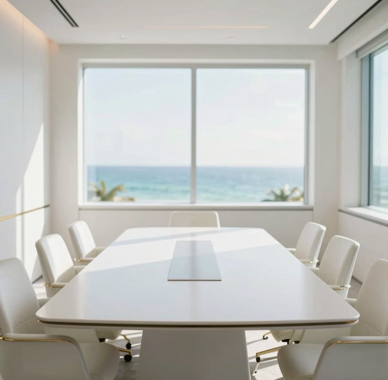 Wide environmental shot of a sophisticated modern boardroom in Miami Beach, light-filled, minimalist white furniture, a large window showing a soft-focus view of the ocean, bright natural daylight, 35mm