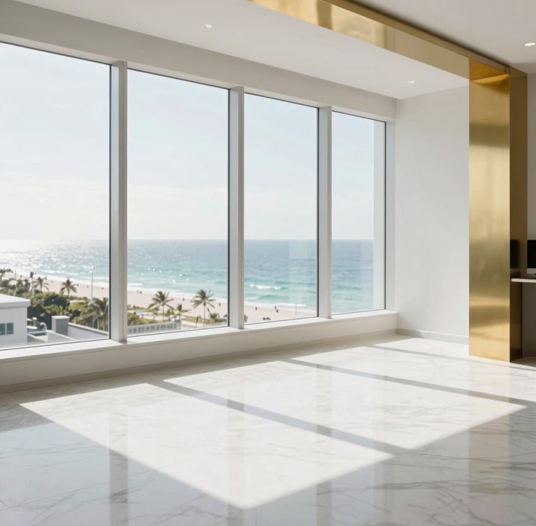 Wide environmental shot of a sun-drenched minimalist office interior with white marble floors, polished brass accents, and floor-to-ceiling windows overlooking the Miami Beach coastline, soft daylight, 35mm