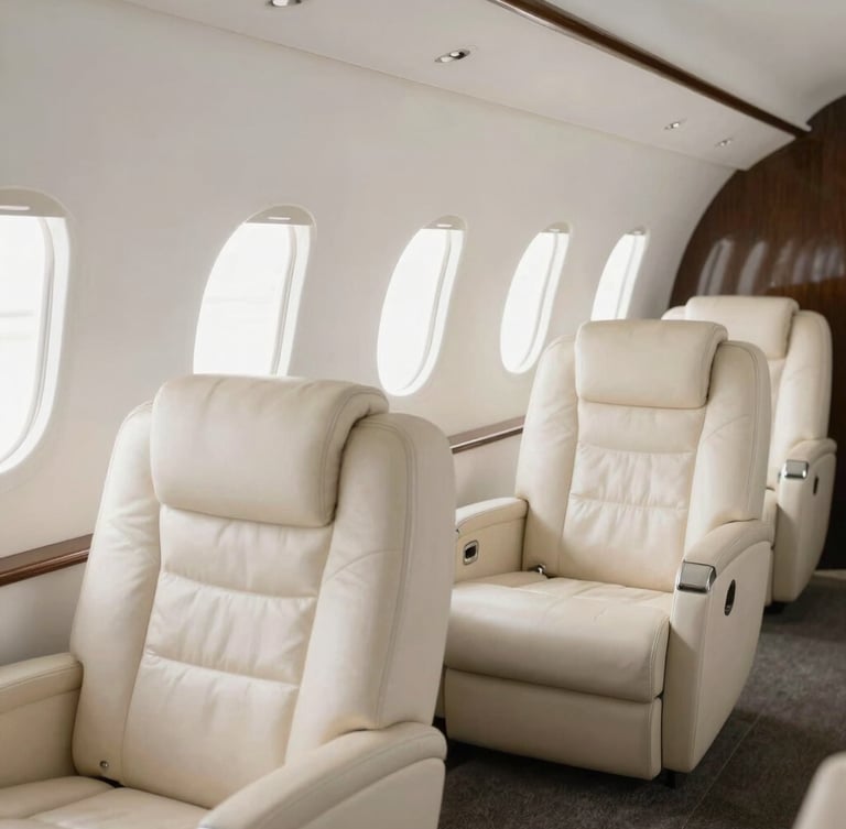 Bright private jet cabin interior, soft natural daylight streaming through windows, empty cream leather seats, minimalist luxury, 35mm