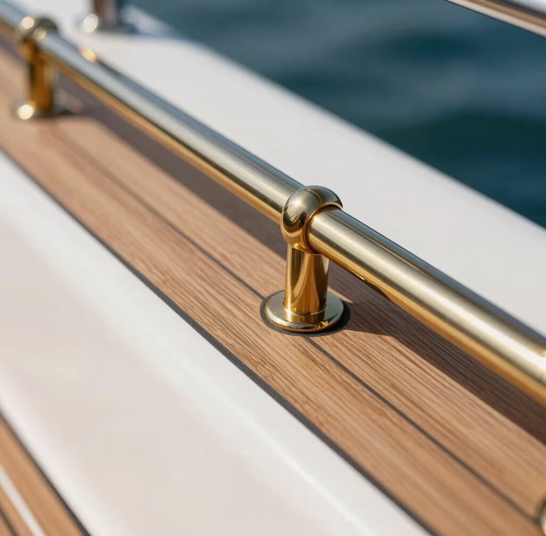 Extreme close-up of polished brass and teak wood on a luxury yacht deck, sun-drenched natural daylight, shallow depth of field, 35mm