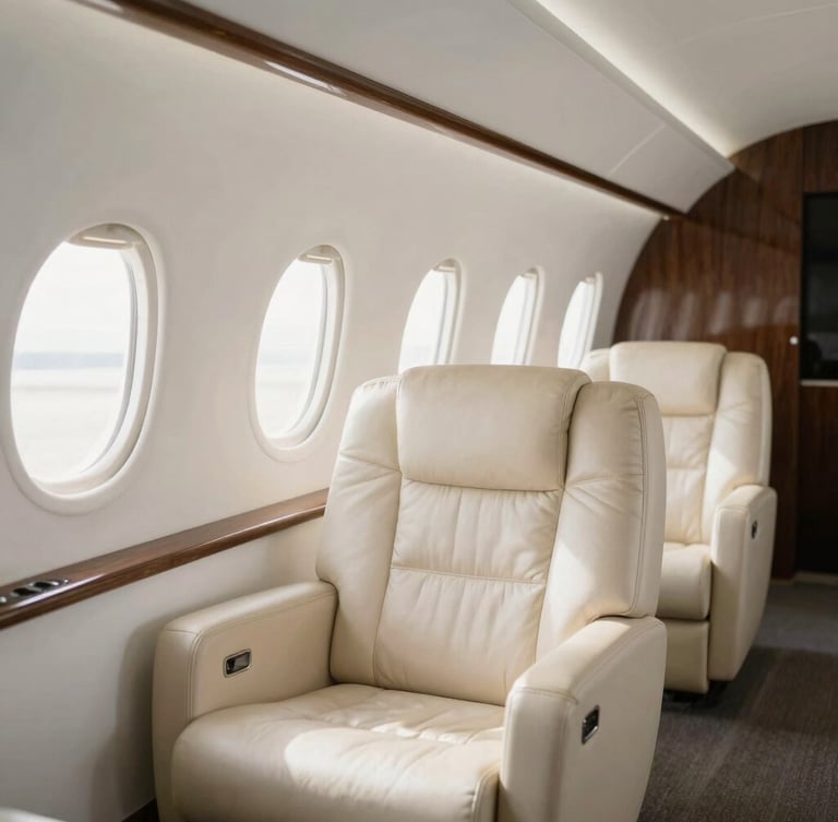 Sun-drenched minimalist private jet cabin interior, soft natural light flowing through windows, cream leather seating, shallow depth of field, 35mm